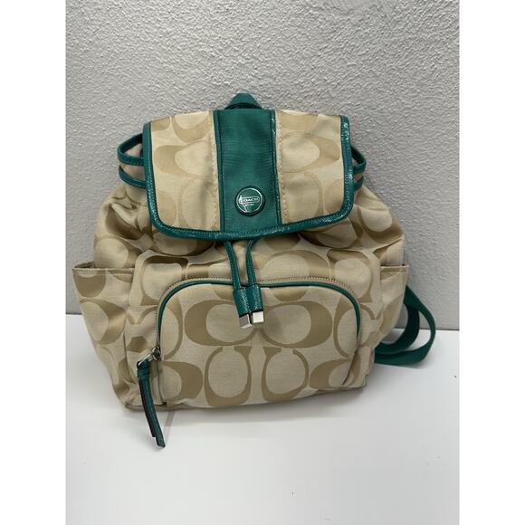 Coach Signature Backpack F21928 Monogram Logo Khaki with Teal Trim Y2K - Picture 1 of 16